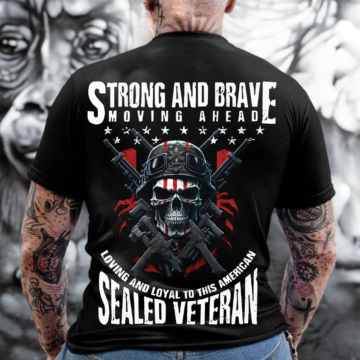 Strong and Brave Sealed Veteran T-Shirt – American Flag Skull Soldier with Rifles Military Tee