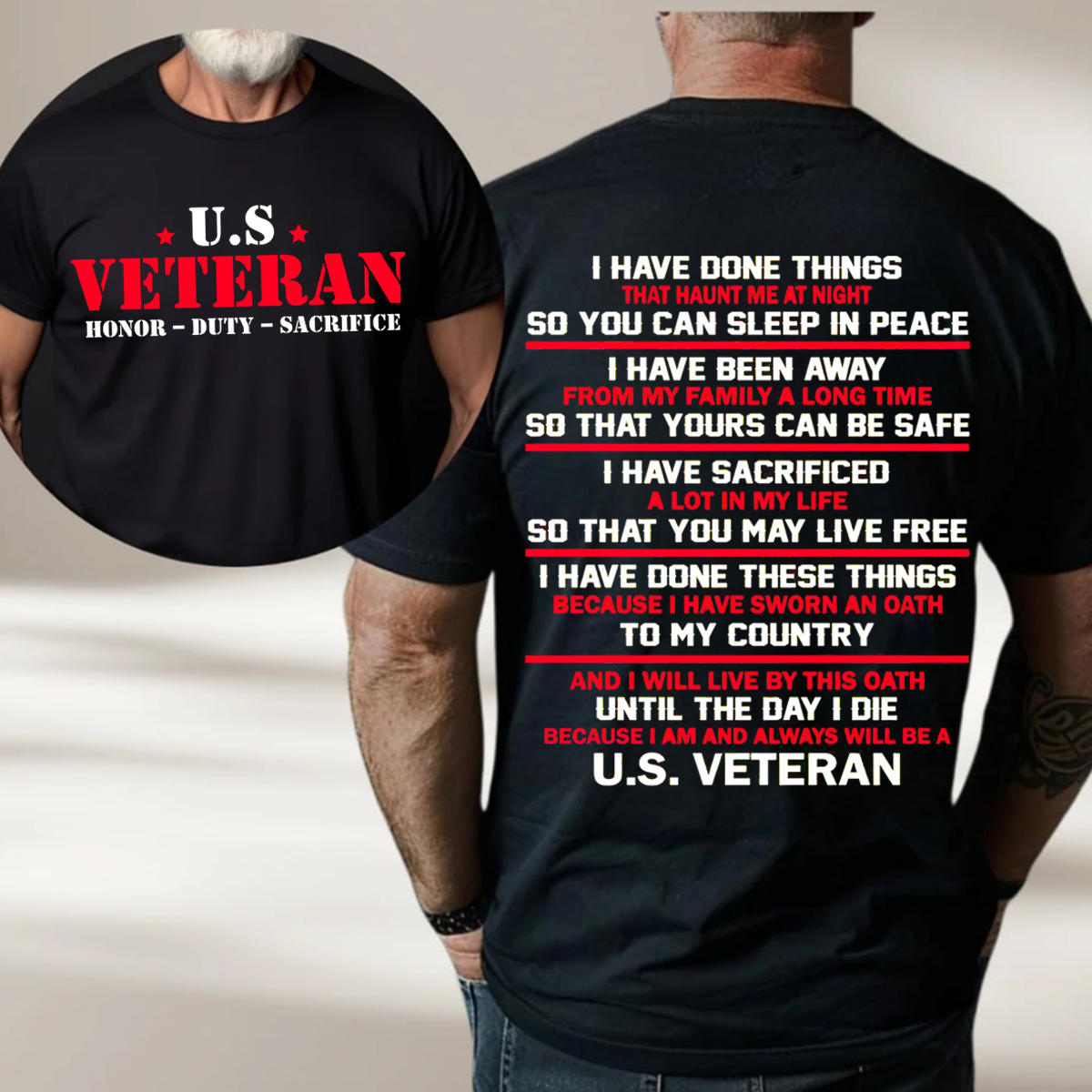 2 side U.S. Veteran T-Shirt, Sweatshirt, Hoodie – Honor Duty Sacrifice – Military Pride T-Shirt for Veterans