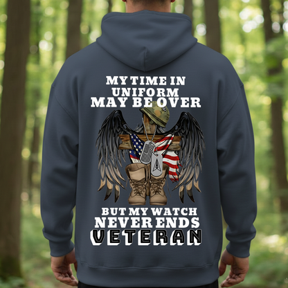 Veteran T-Shirt – My Time in Uniform May Be Over But My Watch Never Ends – Military Cross Boots and Flag Design