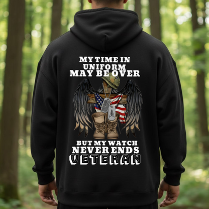 Veteran T-Shirt – My Time in Uniform May Be Over But My Watch Never Ends – Military Cross Boots and Flag Design