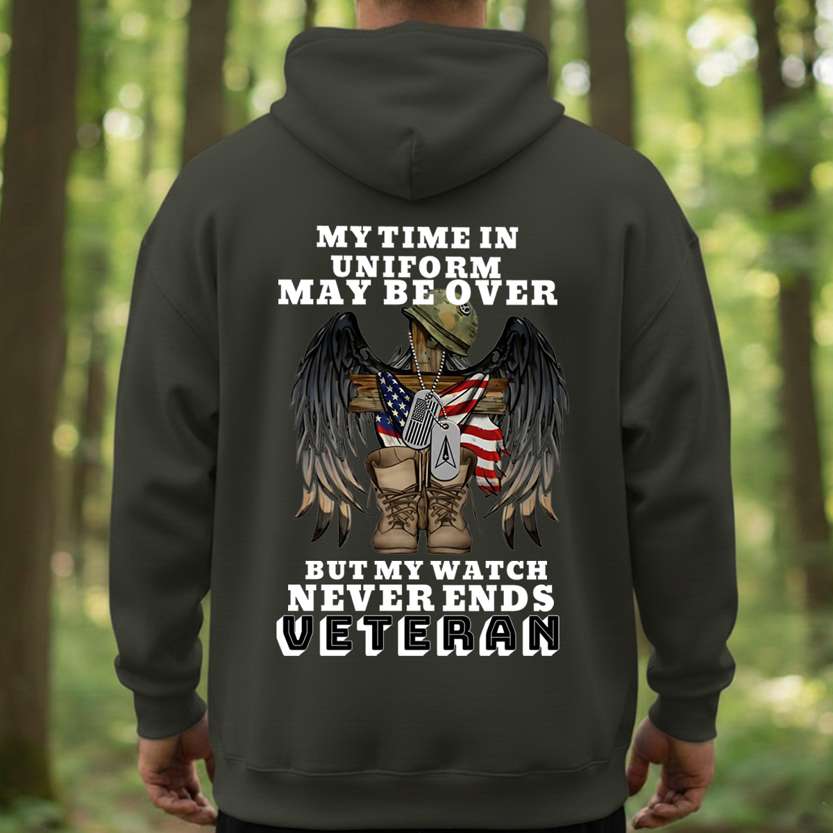 Veteran T-Shirt – My Time in Uniform May Be Over But My Watch Never Ends – Military Cross Boots and Flag Design