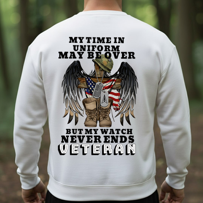 Veteran T-Shirt – My Time in Uniform May Be Over But My Watch Never Ends – Military Cross Boots and Flag Design