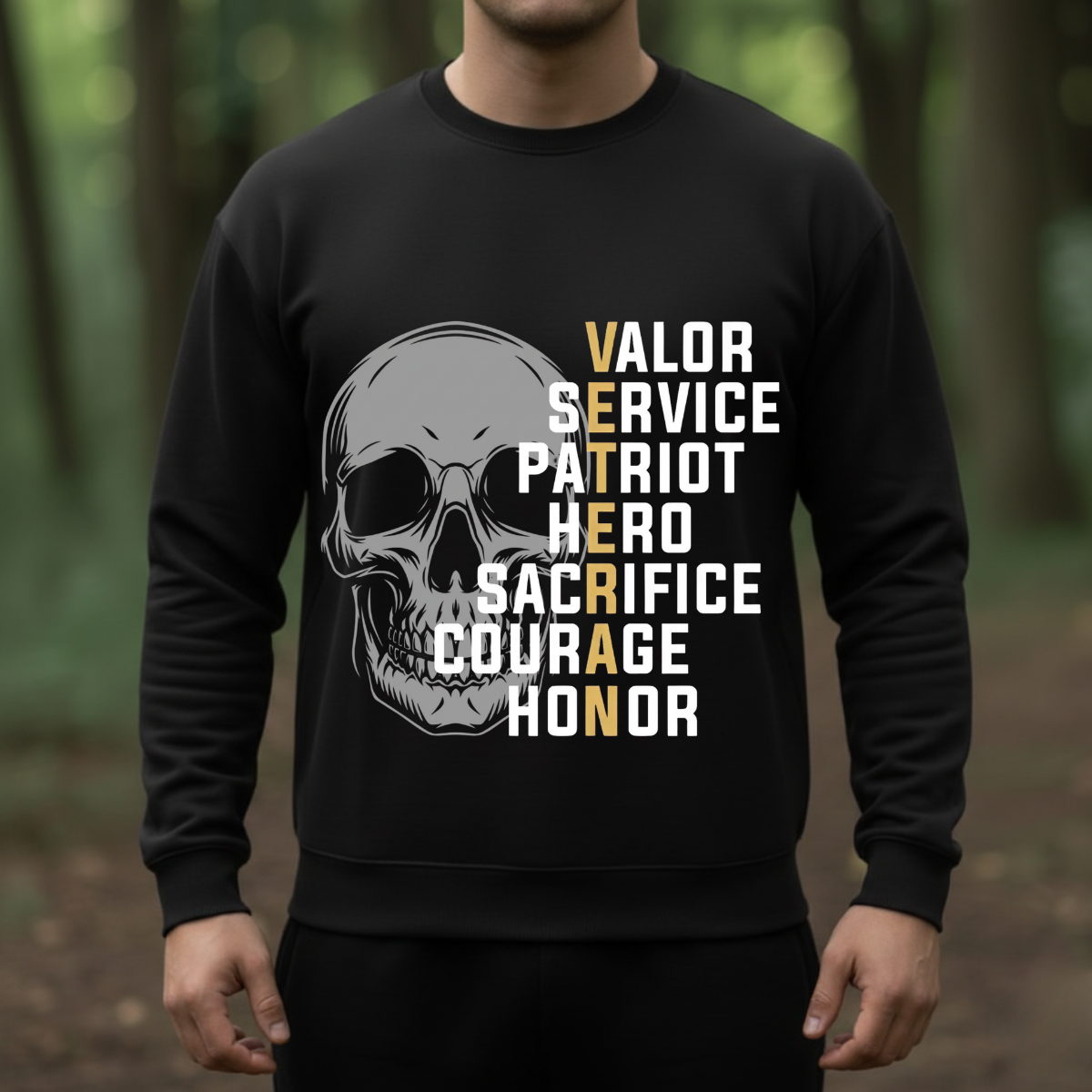 Veteran Skull T-Shirt, Sweatshirt. Hoodie – Valor Service Patriot Hero Sacrifice Courage Honor – Military Pride Tee