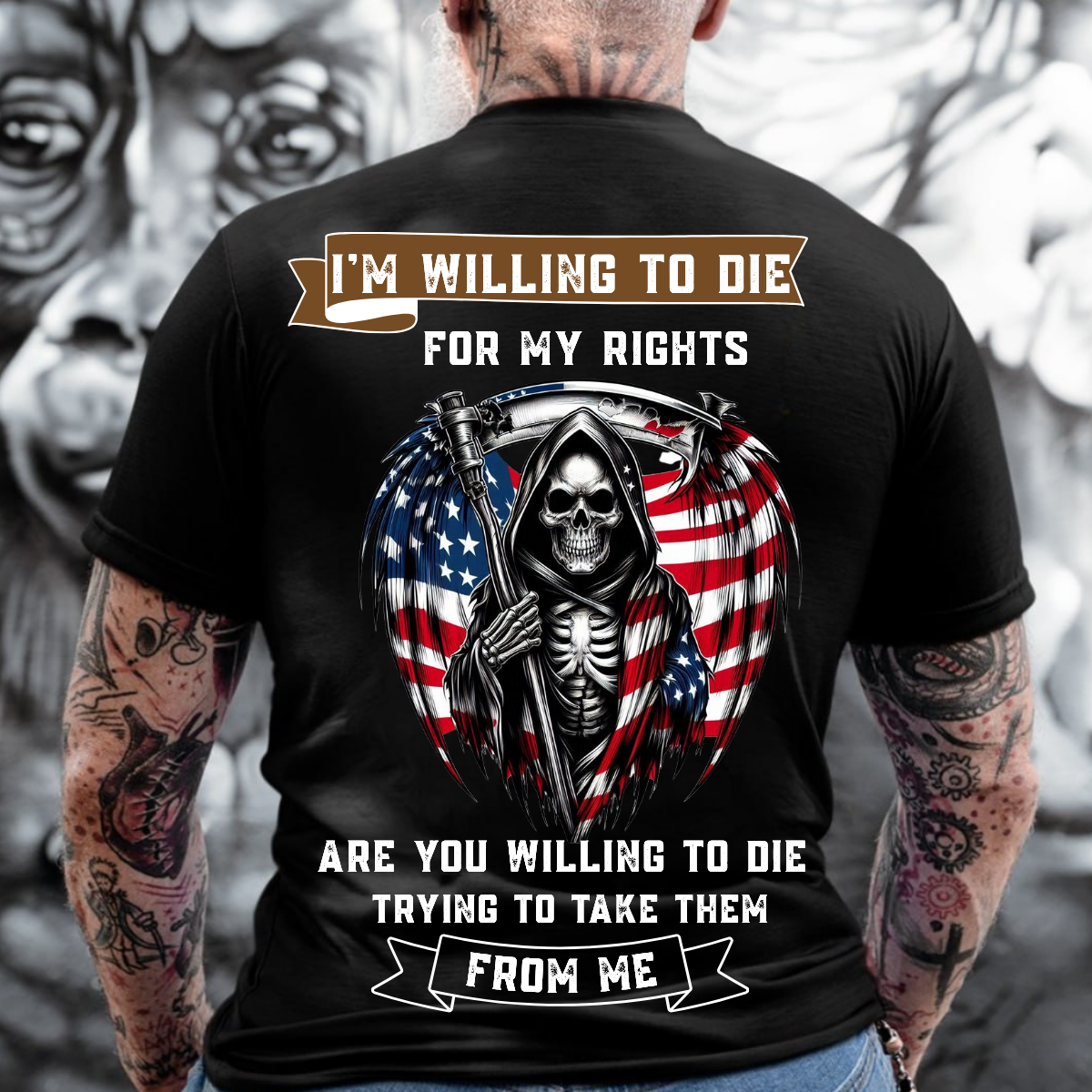 I'm Willing to Die for My Rights T-Shirt ,Grim Reaper Patriotic Amendment Tee, American Flag Gun Rights Shirt, USA Freedom Shirt for Men