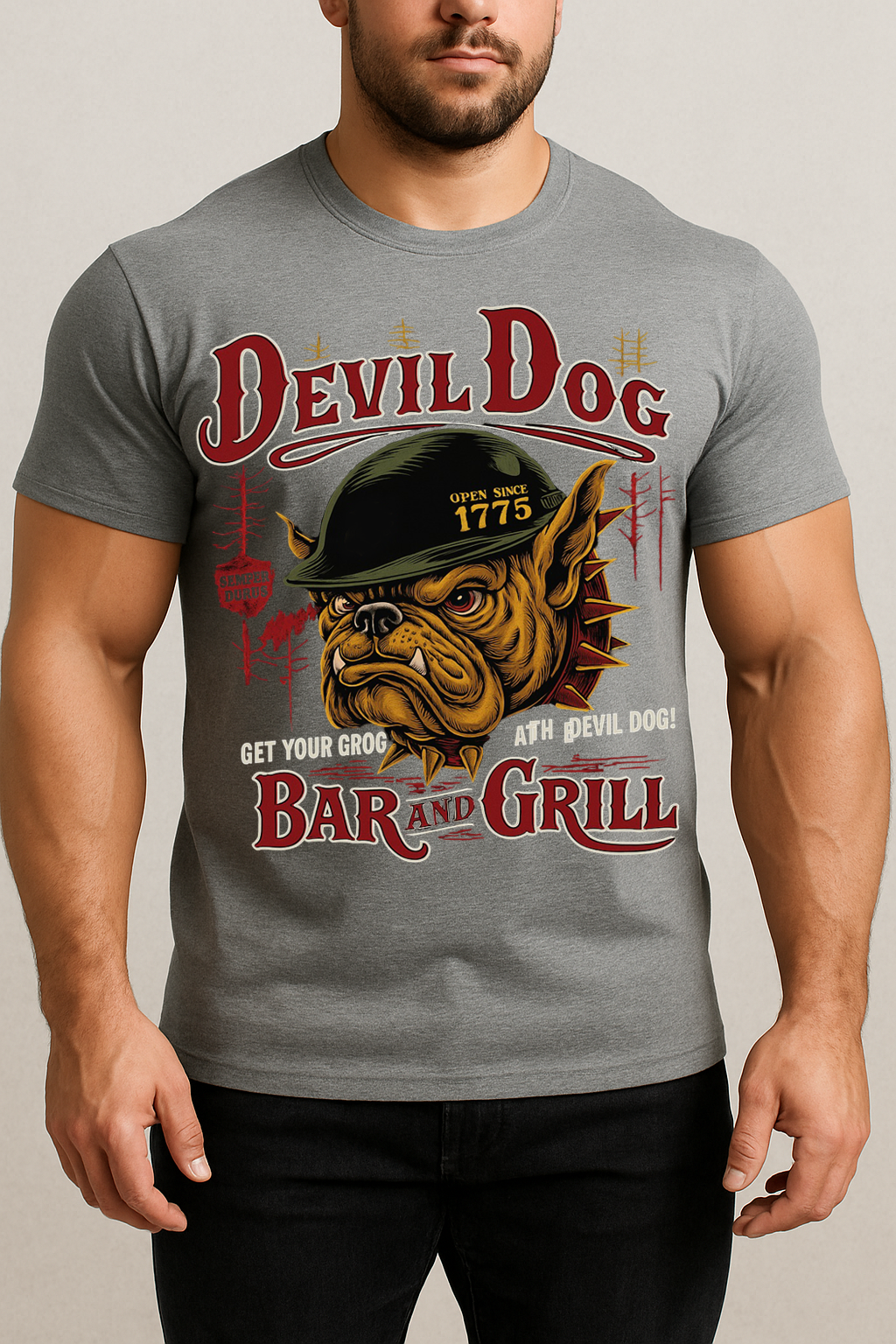 USMC Devil Dog Bar and Grill T-Shirt – Marine Corps Bulldog Veteran Military Tee
