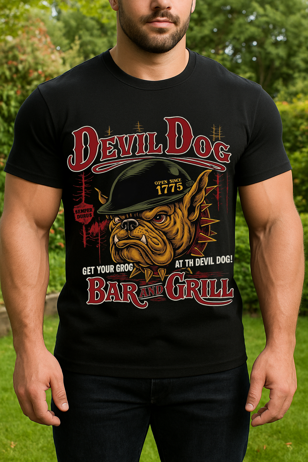 USMC Devil Dog Bar and Grill T-Shirt – Marine Corps Bulldog Veteran Military Tee