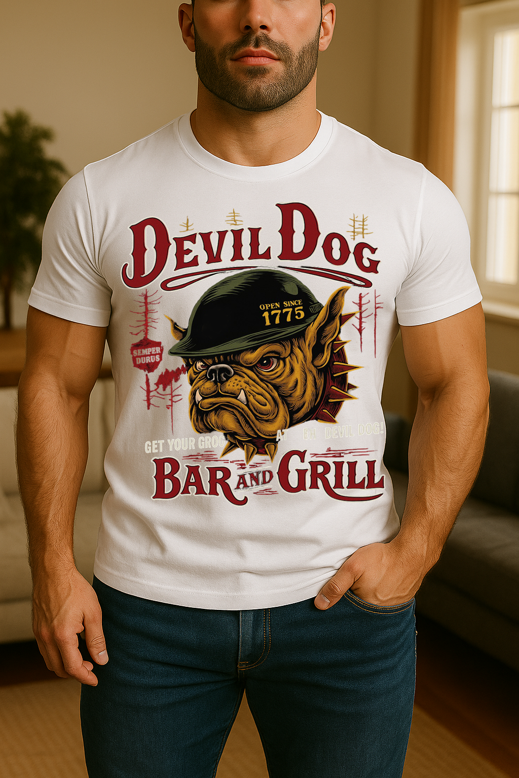 USMC Devil Dog Bar and Grill T-Shirt – Marine Corps Bulldog Veteran Military Tee