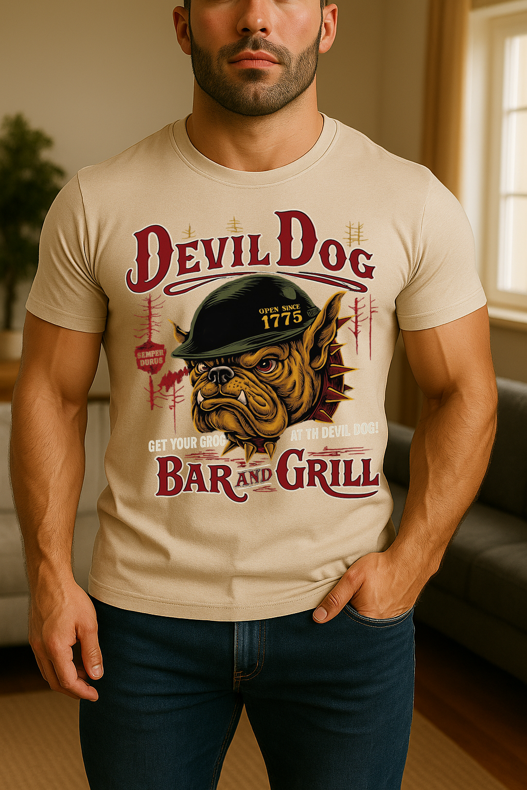 USMC Devil Dog Bar and Grill T-Shirt – Marine Corps Bulldog Veteran Military Tee