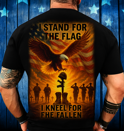 I Stand for the Flag I Kneel for the Fallen T-Shirt – Patriotic Veteran Memorial Shirt with Bald Eagle and American Flag – Military Tribute Gift for Dad or Grandpa