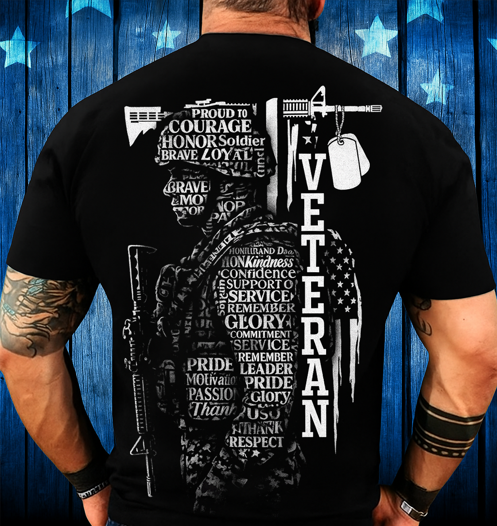 Veteran Soldier Tribute T-Shirt – Courage, Honor, Loyalty, Pride, Service and Glory Word Art Design with Rifle, Dog Tags, and American Flag Graphic