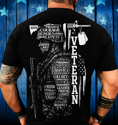 Veteran Soldier Tribute T-Shirt – Courage, Honor, Loyalty, Pride, Service and Glory Word Art Design with Rifle, Dog Tags, and American Flag Graphic