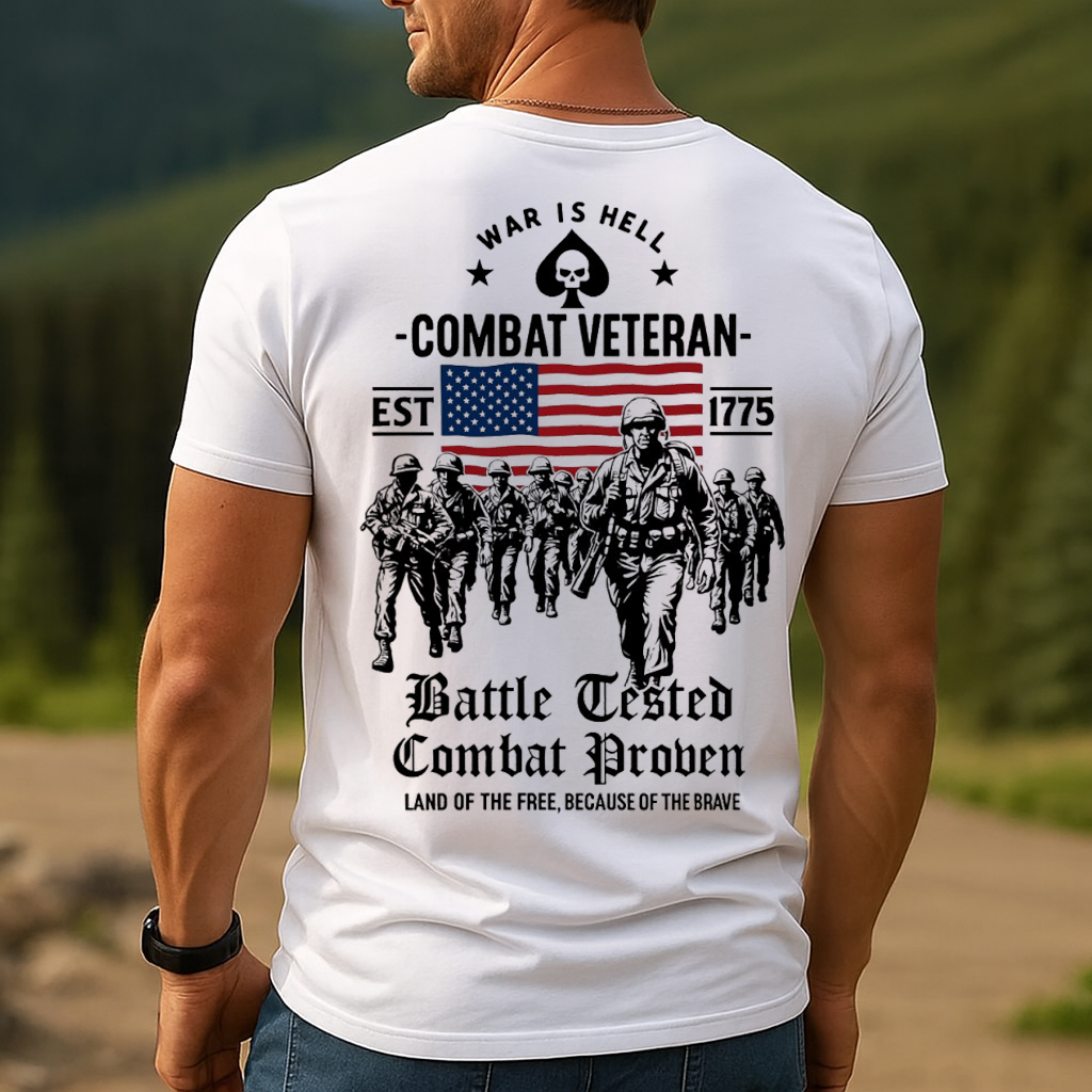 Combat Veteran T-Shirt for Dad and Grandpa – War Is Hell Military Graphic Tee with American Flag & Soldiers – Battle Tested Combat Proven Patriotic Gift for Fathers and Grandfathers