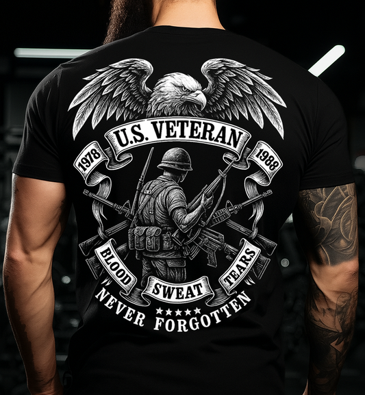 U.S. Veteran Military Tribute T-Shirt – Eagle Soldier Graphic, Blood Sweat Tears Never Forgotten Shirt, Patriotic Gift for Dad & Grandpa