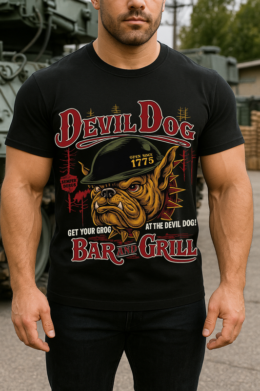 USMC Devil Dog Bar and Grill T-Shirt – Marine Corps Bulldog Veteran Military Tee