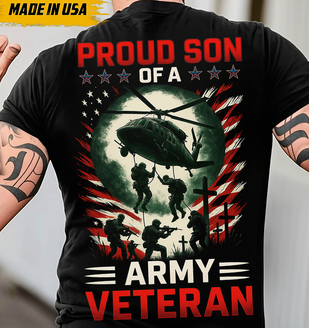 Proud Son of an Army Veteran T-Shirt – Patriotic Military Tribute Tee, Meaningful Gift for Dad and Grandpa Who Served in the US Army