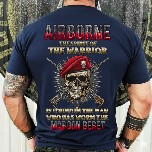 Airborne Veteran Shirt – The Spirit of the Warrior with Maroon Beret – Military Skull Soldier Tee
