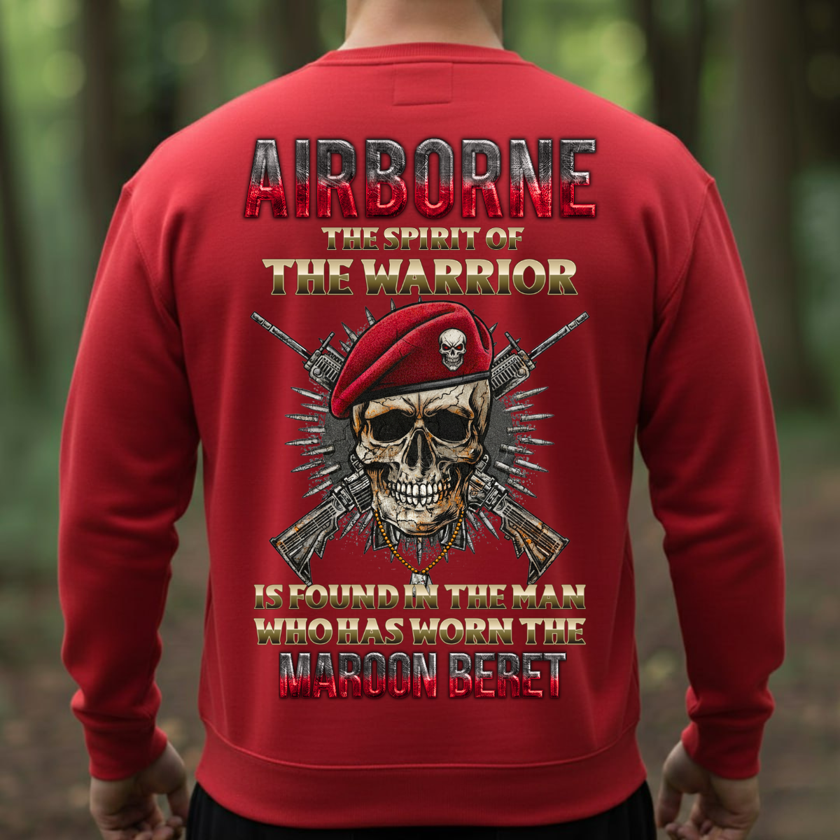 Airborne Veteran Shirt – The Spirit of the Warrior with Maroon Beret – Military Skull Soldier Tee