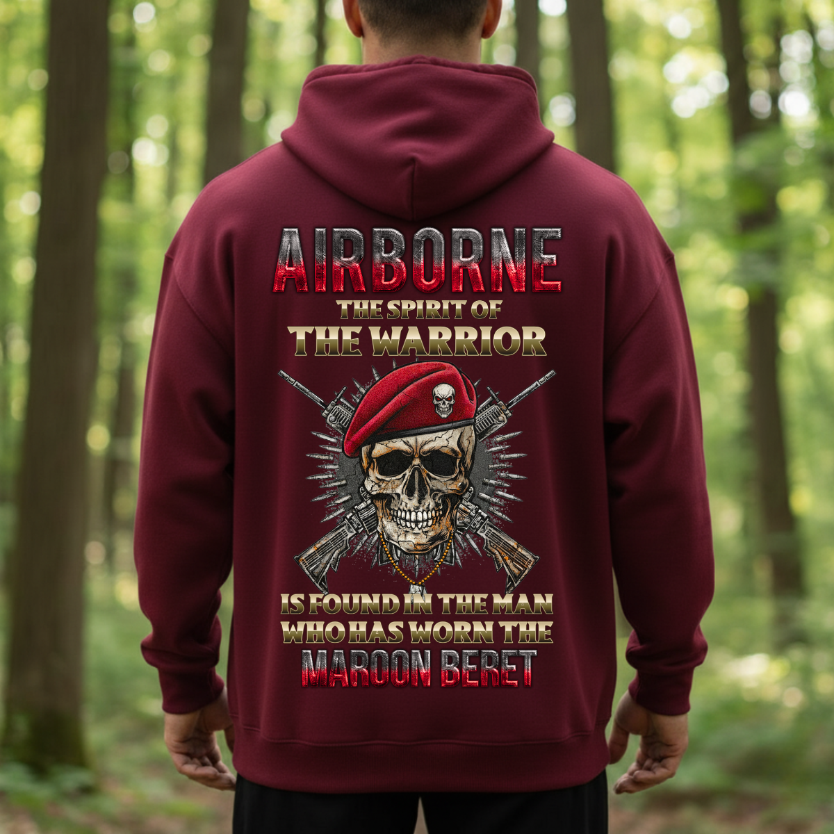 Airborne Veteran Shirt – The Spirit of the Warrior with Maroon Beret – Military Skull Soldier Tee