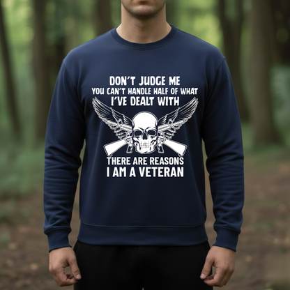 Patriotic T-Shirt, Sweatshirt, Hoodie – Don’t Judge Me Veteran Quote – Veterans Apparel, Military Pride Gift, Skull Design