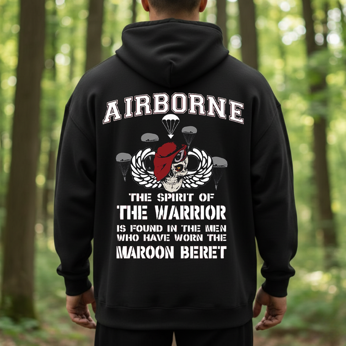 Airborne Maroon Beret Warrior T-Shirt - Paratrooper Veteran Military Pride Skull Tee