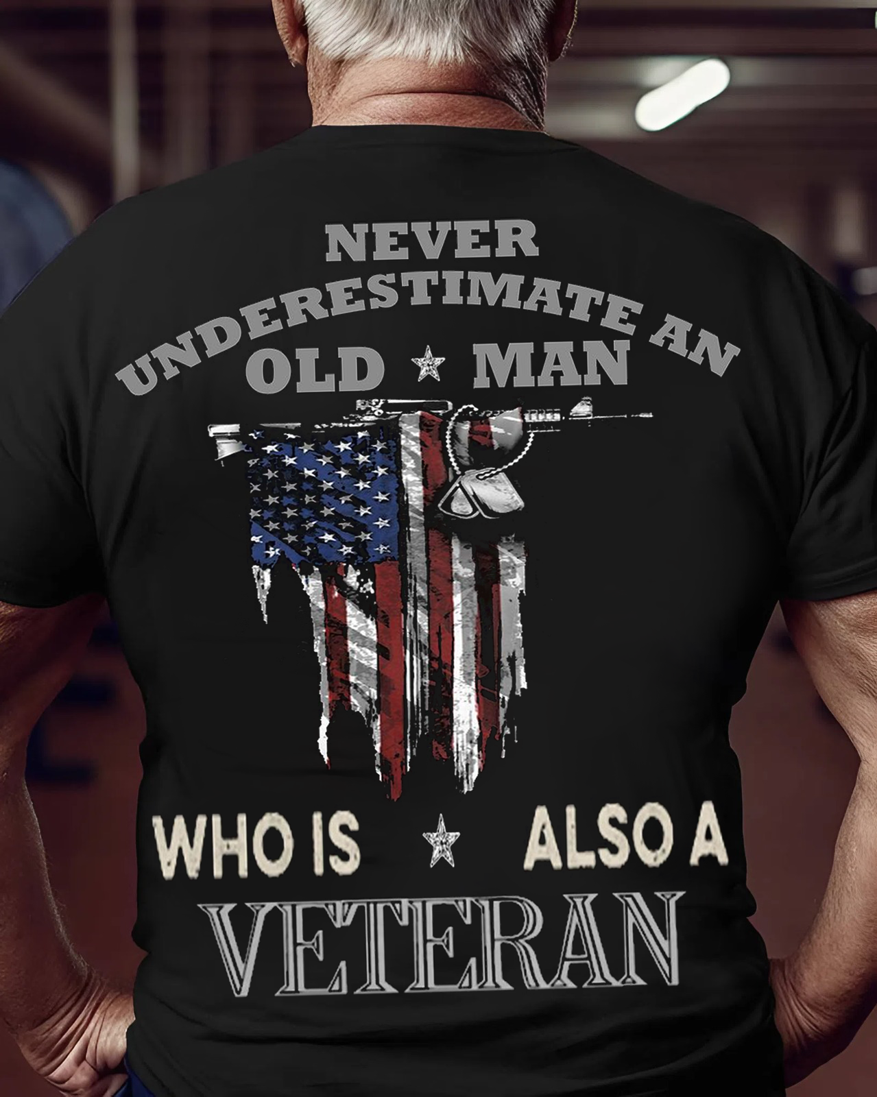 Never Underestimate an Old Man – Veteran T-Shirt – Patriotic American Flag Design – Military Tribute Apparel
