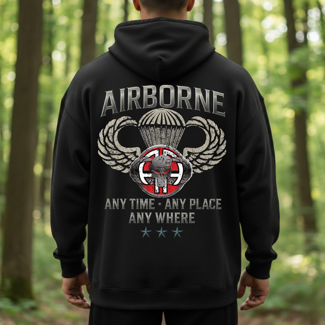 Airborne Veteran T-Shirt, Sweatshirt, Hoodie – Any Time Any Place Anywhere Paratrooper Skull Wings Military Pride Tee
