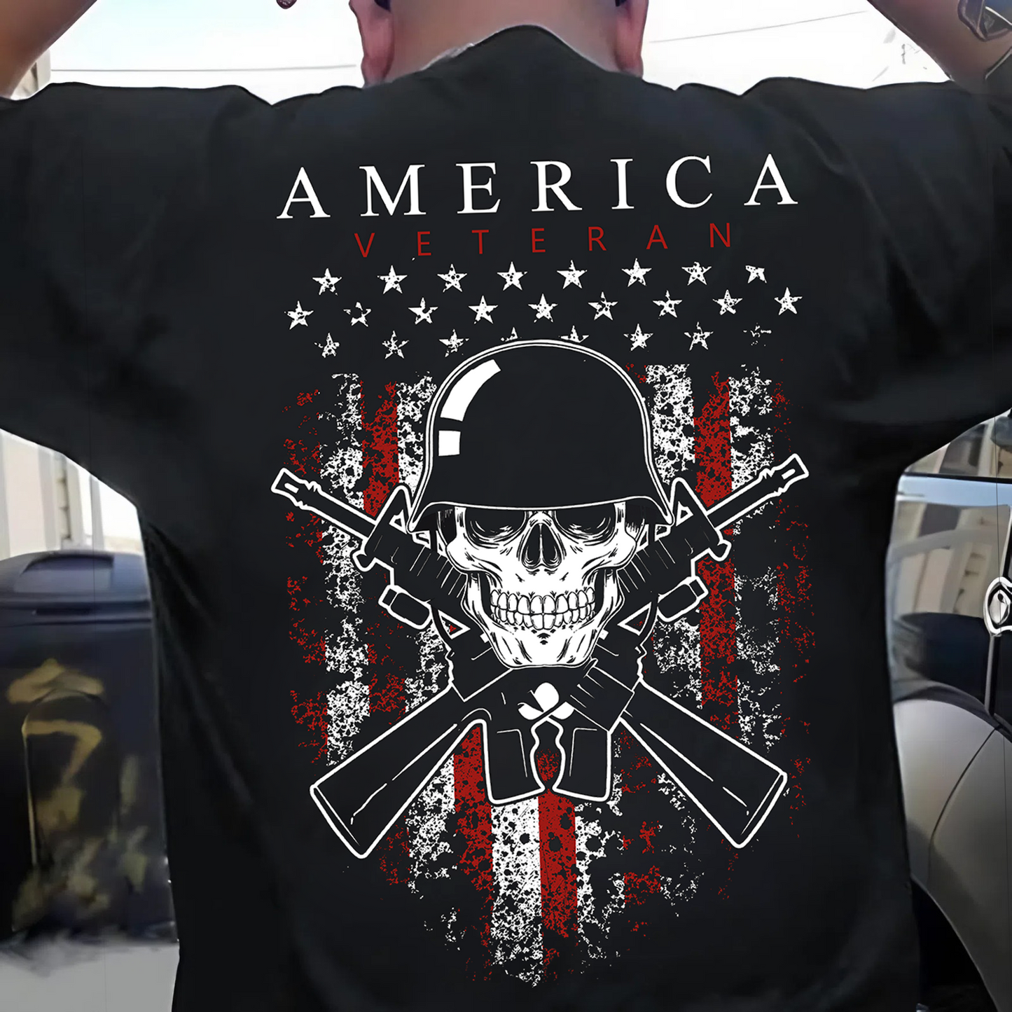 America Veteran Shirt – Skull and Crossed Rifles with American Flag – Patriotic Military Apparel