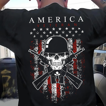America Veteran Shirt – Skull and Crossed Rifles with American Flag – Patriotic Military Apparel