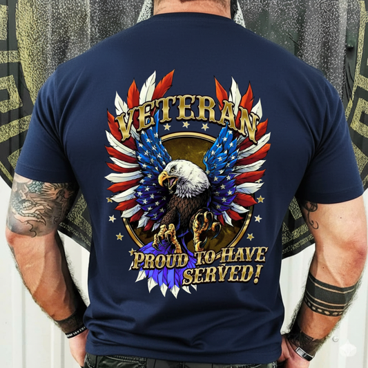 Patriotic T-Shirt, Sweatshirt, Hoodie – Proud Veteran American Eagle Design – Veterans Apparel, US Flag Wings, Military Pride Gift