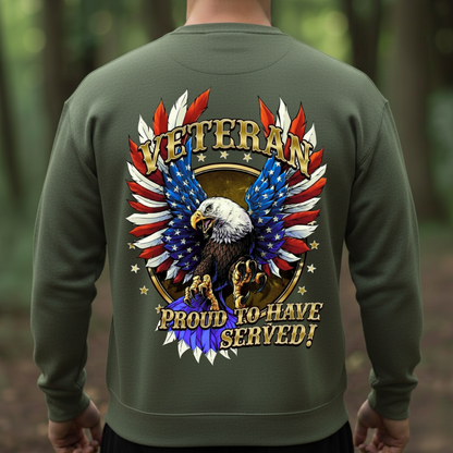 Patriotic T-Shirt, Sweatshirt, Hoodie – Proud Veteran American Eagle Design – Veterans Apparel, US Flag Wings, Military Pride Gift