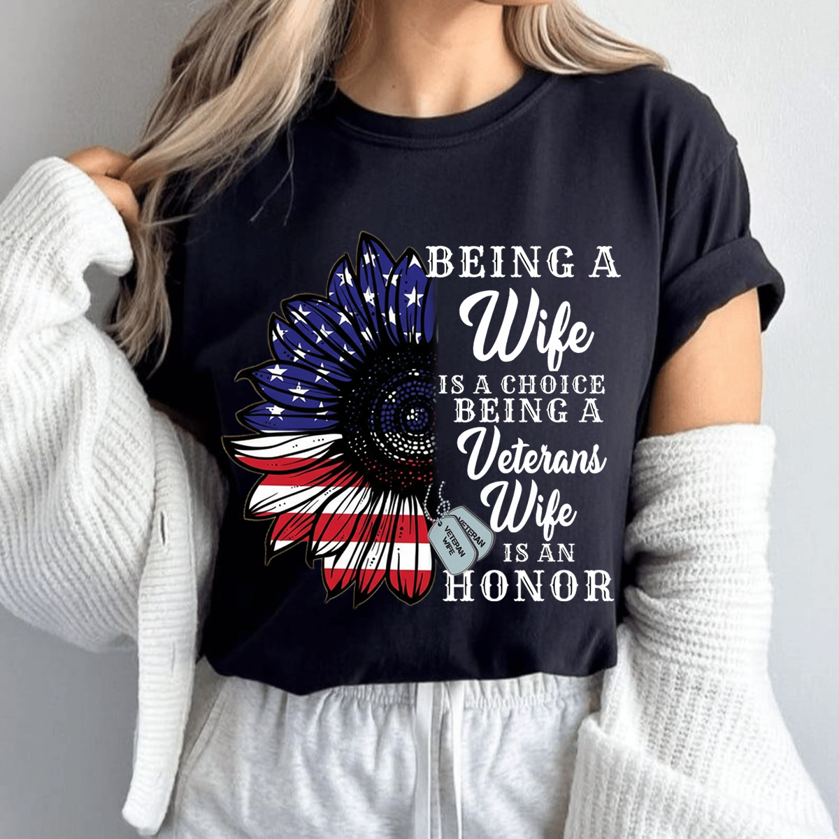Being a Veteran’s Wife Is an Honor Shirt-Veteran’s Wife Shirt-American Flag Sunflower Veteran’s Wife Gift