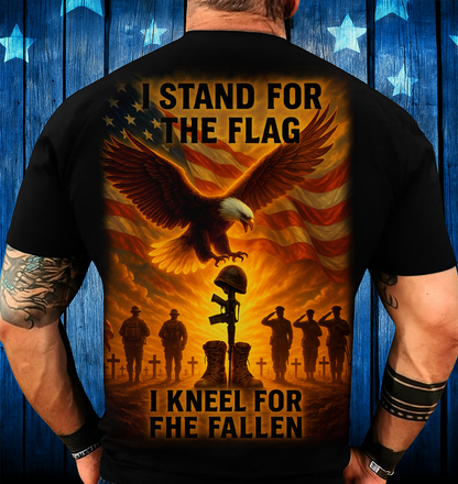 I Stand for the Flag I Kneel for the Fallen T-Shirt – Patriotic Veteran Memorial Shirt with Bald Eagle and American Flag – Military Tribute Gift for Dad or Grandpa