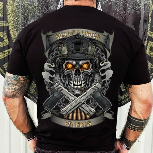 Military T-Shirt, Sweatshirt, Hoodie – Son of a Proud Veteran Quote – Skull Soldier Design, Patriotic Veteran Family Gift