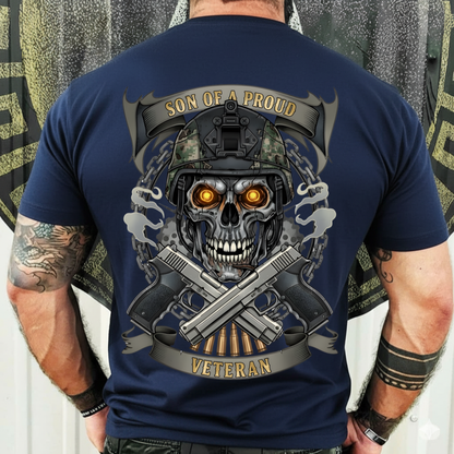 Military T-Shirt, Sweatshirt, Hoodie – Son of a Proud Veteran Quote – Skull Soldier Design, Patriotic Veteran Family Gift
