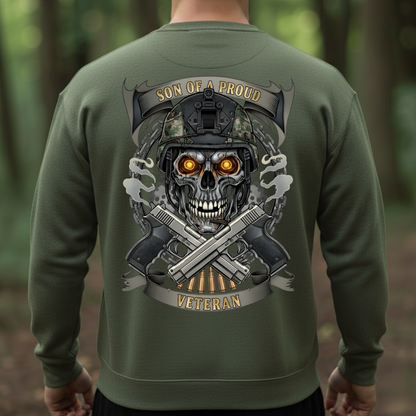 Military T-Shirt, Sweatshirt, Hoodie – Son of a Proud Veteran Quote – Skull Soldier Design, Patriotic Veteran Family Gift