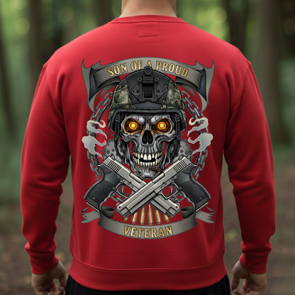 Military T-Shirt, Sweatshirt, Hoodie – Son of a Proud Veteran Quote – Skull Soldier Design, Patriotic Veteran Family Gift