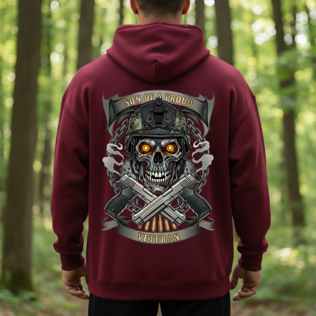 Military T-Shirt, Sweatshirt, Hoodie – Son of a Proud Veteran Quote – Skull Soldier Design, Patriotic Veteran Family Gift