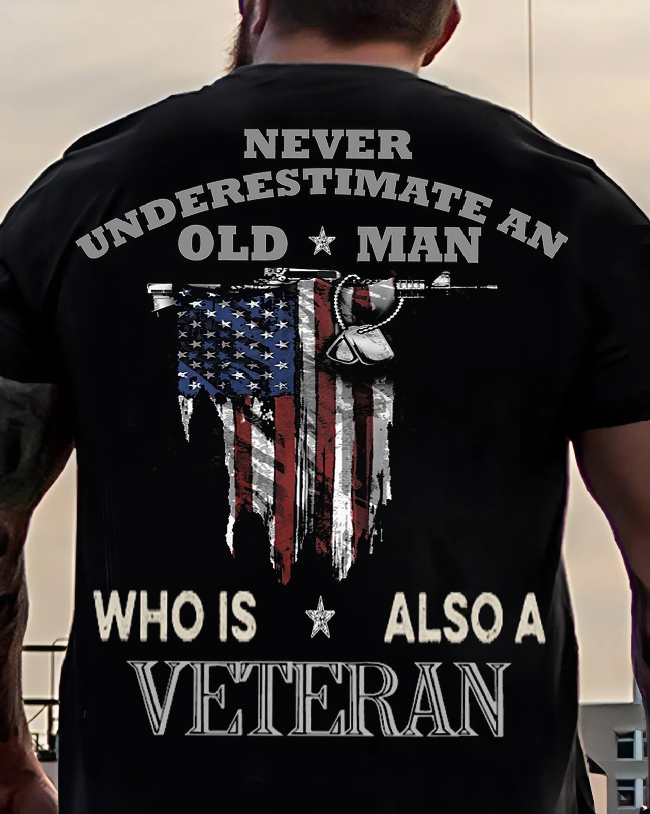 Never Underestimate an Old Man – Veteran T-Shirt – Patriotic American Flag Design – Military Tribute Apparel