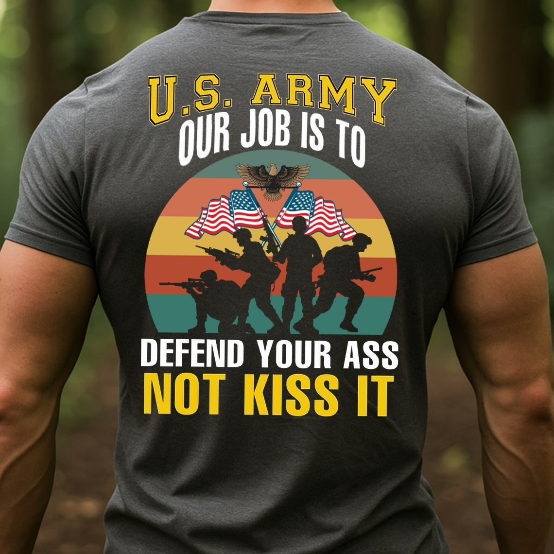 U.S. Army Defend Not Kiss It T-Shirt, Funny Military Soldier Patriotic Veteran Tee