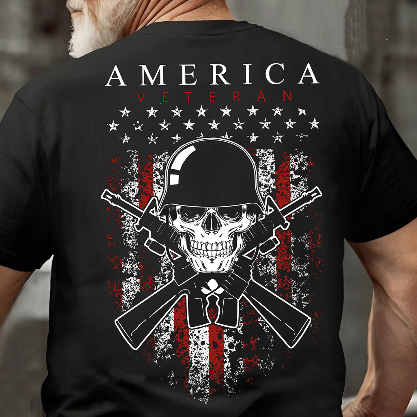 America Veteran Shirt – Skull and Crossed Rifles with American Flag – Patriotic Military Apparel