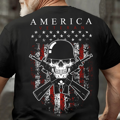 America Veteran Shirt – Skull and Crossed Rifles with American Flag – Patriotic Military Apparel