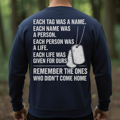 Veteran T-Shirt, Sweatshirt, Hoodie – Remember the Ones Who Didn’t Come Home Tee, Military Dog Tag Tribute Shirt for Proud Americans