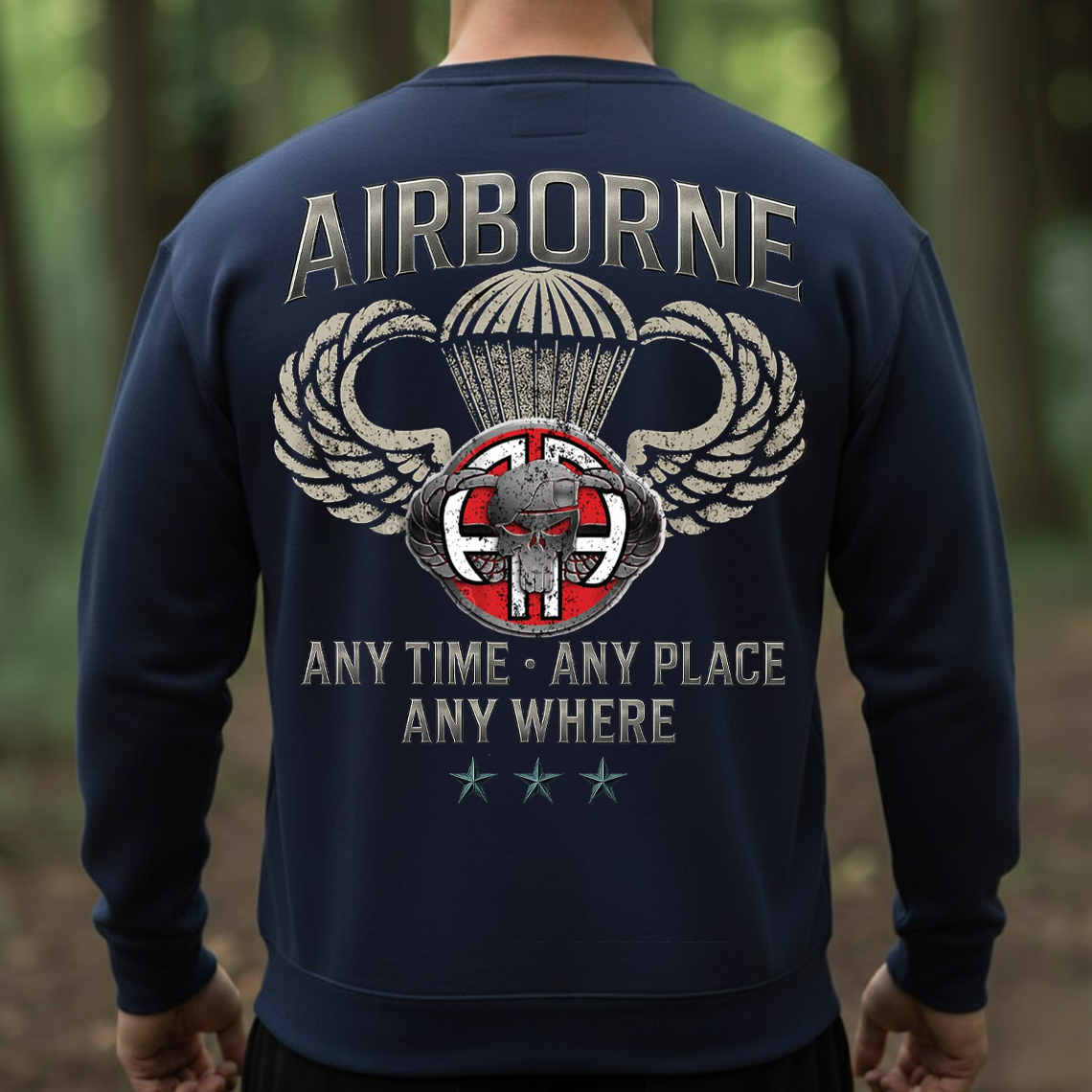 Airborne Veteran T-Shirt, Sweatshirt, Hoodie – Any Time Any Place Anywhere Paratrooper Skull Wings Military Pride Tee