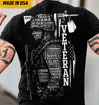 Veteran Soldier Tribute T-Shirt – Courage, Honor, Loyalty, Pride, Service and Glory Word Art Design with Rifle, Dog Tags, and American Flag Graphic