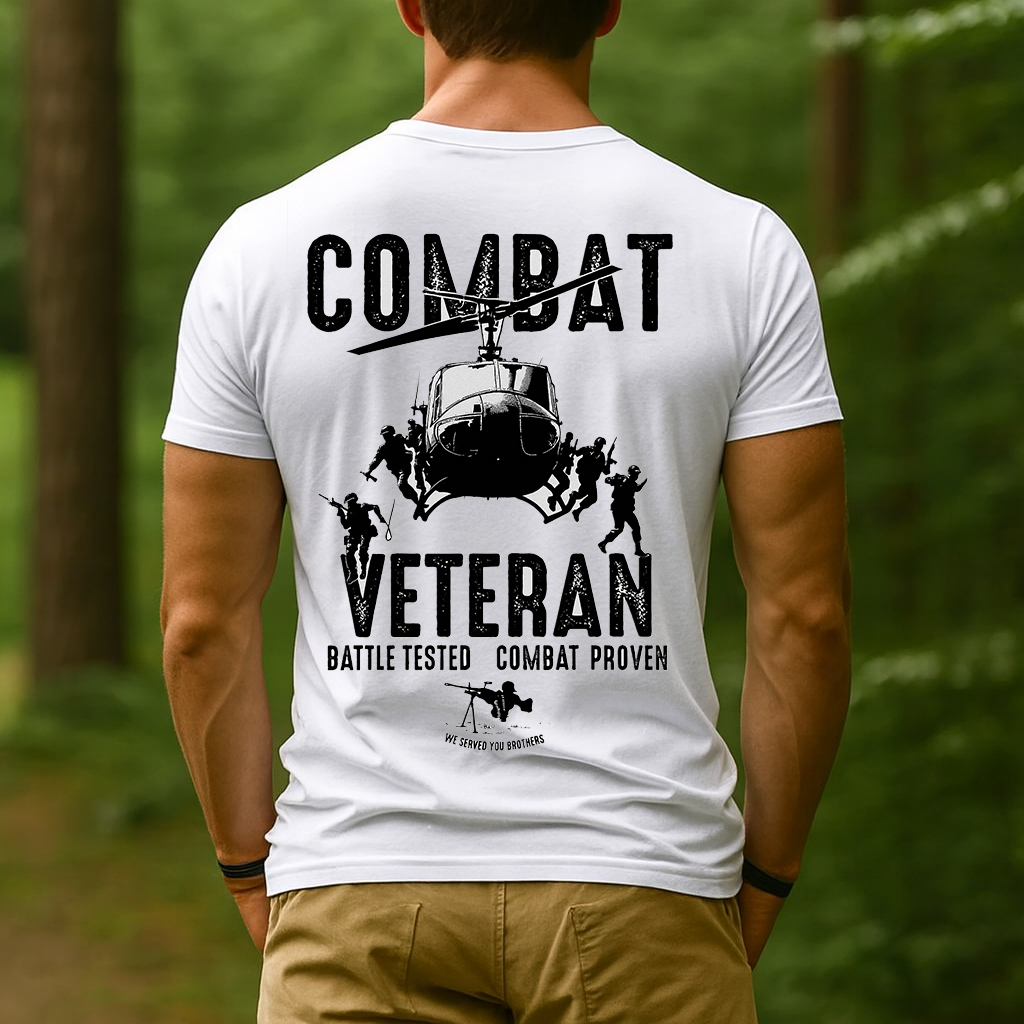 Combat Veteran Graphic T-Shirt for Men – Helicopter & Soldiers Design with “Battle Tested • Combat Proven” – Soft Short-Sleeve Crewneck – Patriotic Gift for Dad & Grandpa – Father’s Day & Veterans Day