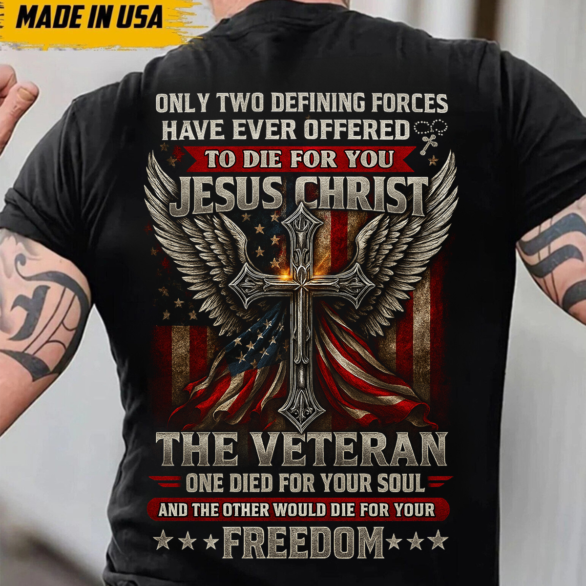 Jesus Christ and Veteran T-Shirt – Christian Patriotic Cross with American Flag Freedom Tee