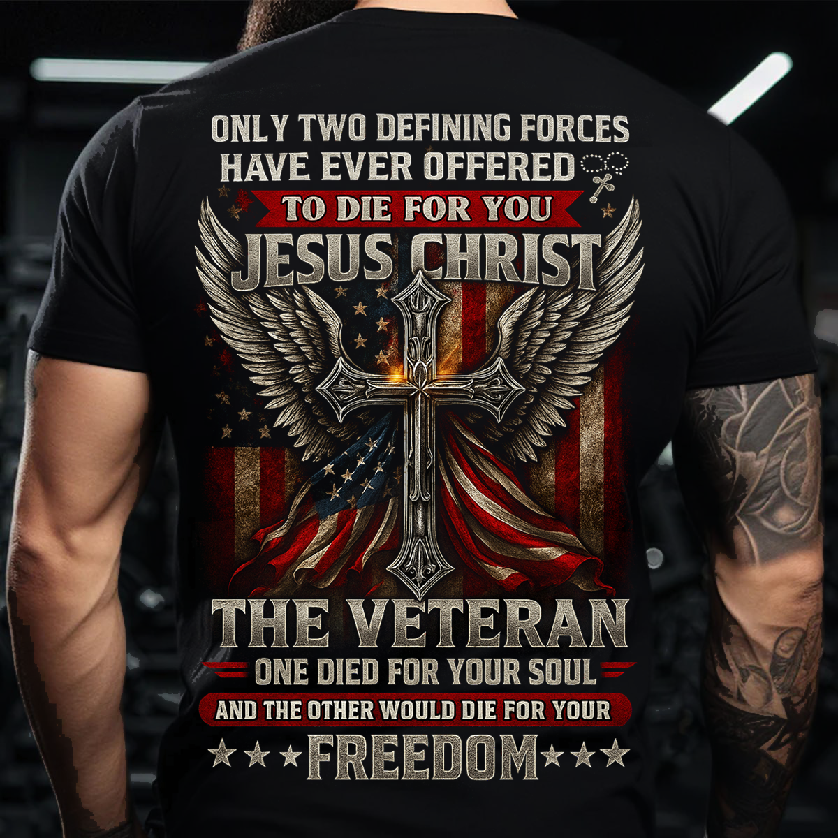 Jesus Christ and Veteran T-Shirt – Christian Patriotic Cross with American Flag Freedom Tee