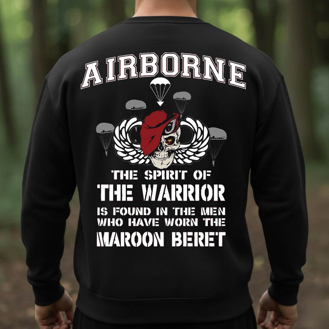 Airborne Maroon Beret Warrior T-Shirt - Paratrooper Veteran Military Pride Skull Tee