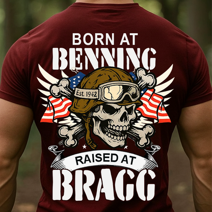 Airborne Veteran T-Shirt, Sweatshirt, Hoodie – Born at Benning Raised at Bragg Military Skull Design – Proud Paratrooper Apparel