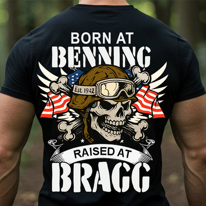 Airborne Veteran T-Shirt, Sweatshirt, Hoodie – Born at Benning Raised at Bragg Military Skull Design – Proud Paratrooper Apparel